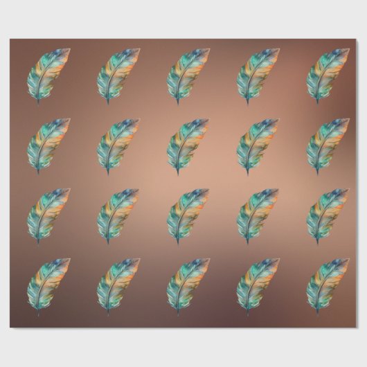 Glanzend koperkleurig papier Oranje groene veren (Vlak)