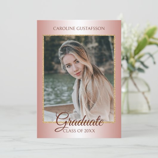 Glanzend koraal Blush roze goudvormig Afstuderen Aankondiging (Staand voorkant)