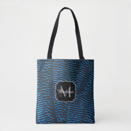 Glanzend metalig levendig blauw abstract Monogram Tote Bag