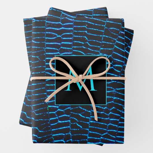 Glanzend metallic levendig blauw abstract Monogram Inpakpapier Vel (In situ)