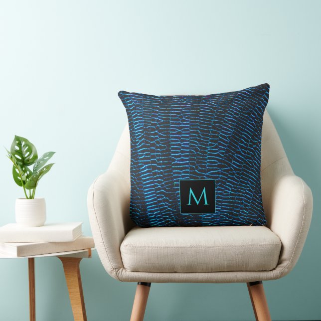 Glanzend metallic levendig blauw abstract Monogram Kussen (Stoel)