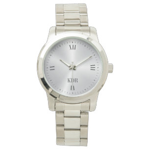 Glanzend Metallic Zilver Romeinse cijfers Monogram Horloge