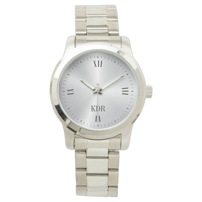 Glanzend Metallic Zilver Romeinse cijfers Monogram Horloge (Voorkant)