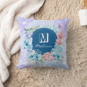 Glanzend Modern Paars Blauw Aquarel Bloemmotief Kussen