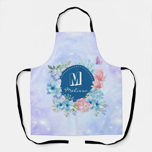 Glanzend Modern Paars Blauw Waterverf Bloemig Schort (Voorkant)