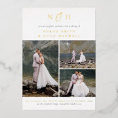 Glanzend Monogram QR Code 3 Fotocollage Bruiloft Folie Uitnodiging (Voorkant)