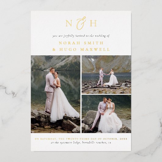 Glanzend Monogram QR Code 3 Fotocollage Bruiloft Folie Uitnodiging (Voorkant)