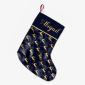 Glanzend Navy Blau Goud Rendier Patroon Persoonlij Kleine Kerstsok (Voorkant (Hangend))