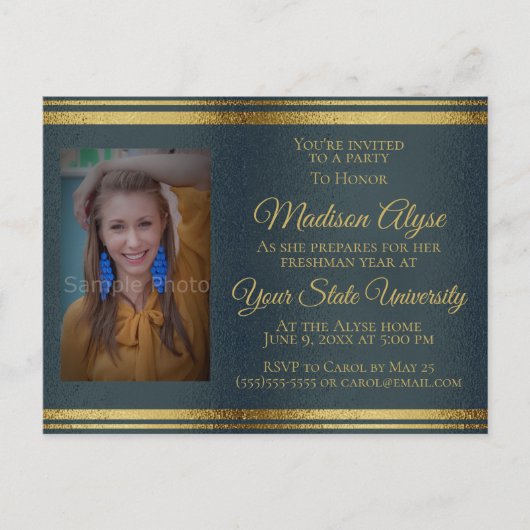 Glanzend Navy Blauw Gouden Foto Universiteit Koffe Uitnodiging Briefkaart (Voorkant)