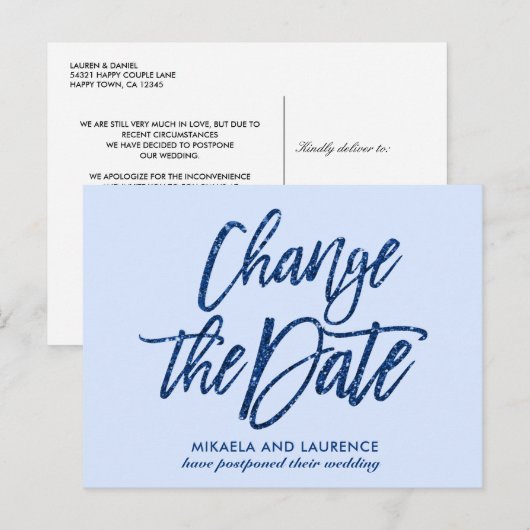 Glanzend Navy Blue glitterscript wijzig de datum Aankondigingskaart (Voorkant / Achterkant)