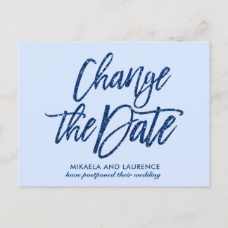 Glanzend Navy Blue glitterscript wijzigingsdatum Aankondigingskaart