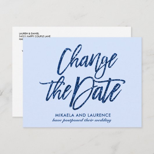 Glanzend Navyblauw glitterscript wijzigingsdatum Aankondigingskaart (Voorkant / Achterkant)