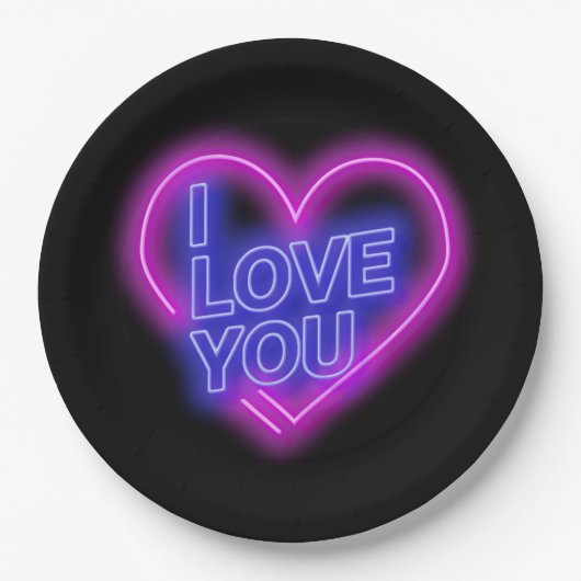 Glanzend Neon Roze Blauwe Valentijnse Hart Grote 9 Papieren Bordje (Voorkant)