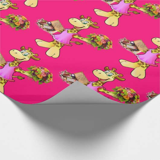 Glanzend omlooppapier, Giraffe Floral roze Cadeaupapier (Hoek)