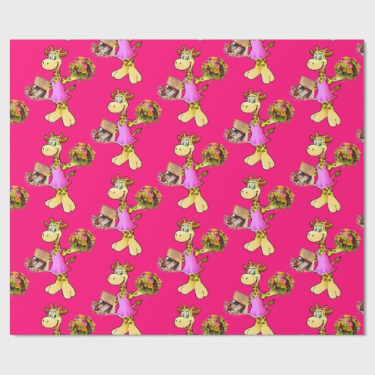 Glanzend omlooppapier, Giraffe Floral roze Cadeaupapier (Vlak)
