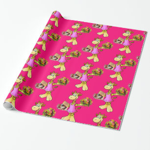 Glanzend omlooppapier, Giraffe Floral roze Cadeaupapier