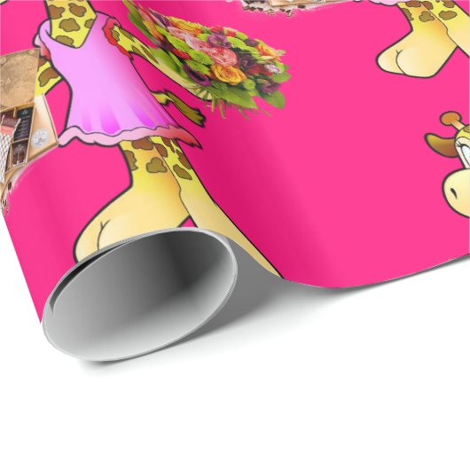 Glanzend omlooppapier, Giraffe Floral roze Cadeaupapier (Rol Hoek)