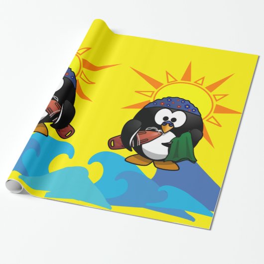 Glanzend omlooppapier, Surfer Penguin Beach Cadeaupapier (Uitgerold)