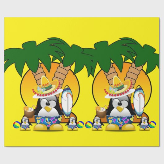 Glanzend omlooppapier, Surfer Penguin Beach Cadeaupapier (Vlak)