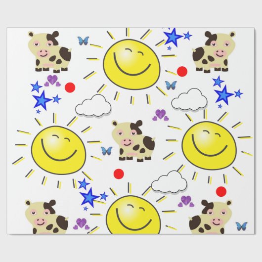 Glanzend omslagpapier, Koe Sun Hearts Butterfly Cadeaupapier (Vlak)