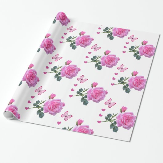Glanzend omslagpapier, roze roze roze vlinder cadeaupapier (Uitgerold)
