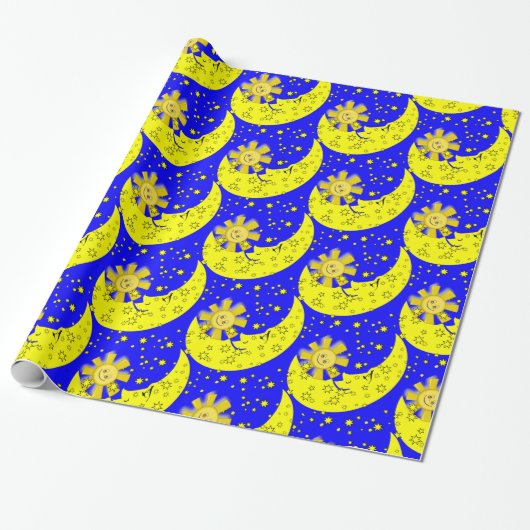 Glanzend omslagpapier, Sun Moon Blue Yellow Cadeaupapier (Uitgerold)