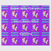 Glanzend omslagpapier, Unicorn Blue Hearts Paars Cadeaupapier (Vlak)