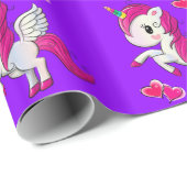 Glanzend omslagpapier, Unicorn Blue Hearts Paars Cadeaupapier (Rol Hoek)