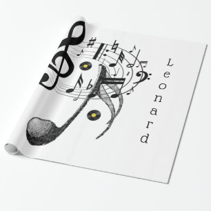 Glanzend omslagpapier, zwarte en witte Muzieknoten Cadeaupapier