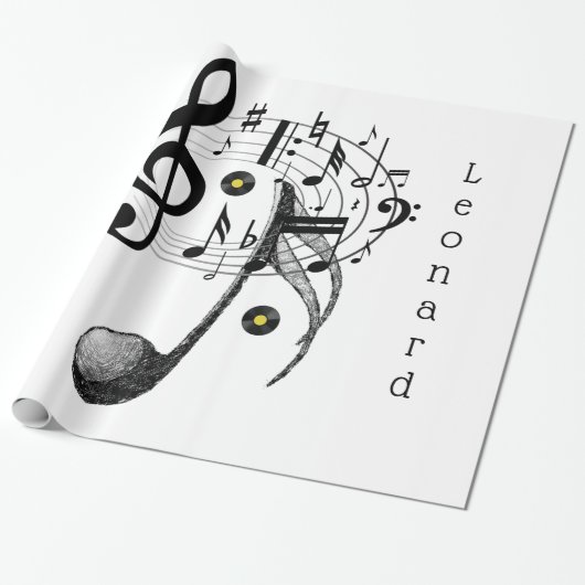 Glanzend omslagpapier, zwarte en witte Muzieknoten Cadeaupapier (Uitgerold)