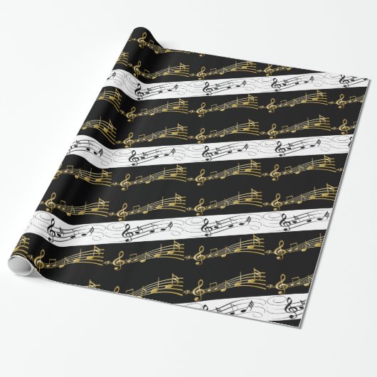 Glanzend omslagpapier, zwarte en witte Muzieknoten Cadeaupapier (Uitgerold)