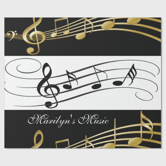 Glanzend omslagpapier, zwarte en witte Muzieknoten Cadeaupapier (Vlak)