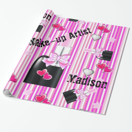 Glanzend opvulpapier, roze lipstick, roze streep cadeaupapier (Uitgerold)
