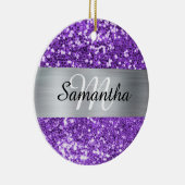 Glanzend Paars Glitter Zilver Folie Monogram Keramisch Ornament (Rechts)