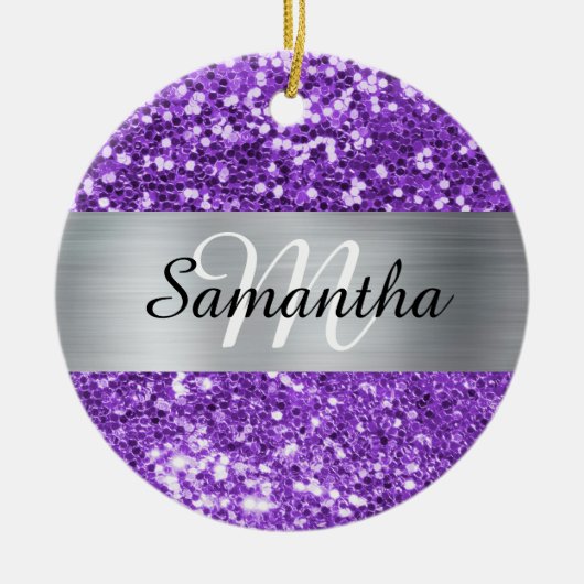 Glanzend Paars Glitter Zilver Folie Monogram Keramisch Ornament (Voorkant)