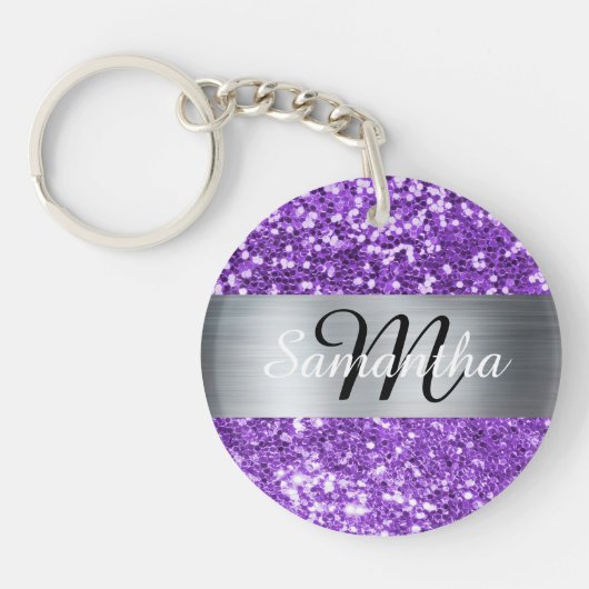 Glanzend Paars Glitter Zilver Folie Monogram Sleutelhanger (Voorkant)