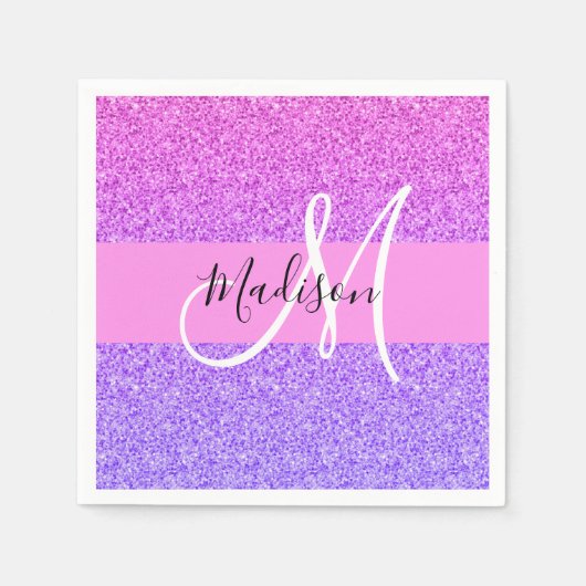 Glanzend Paars Roze Glitter Glans Gradiënt Monogra Servet (Voorkant)