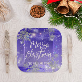 Glanzend Paars Winter Wonderland Prettig Kerstfees Papieren Bordje