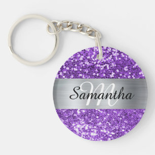 Glanzend Paarse Glitter Zilveren Folie Monogram Sleutelhanger