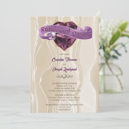 Glanzend Paarse hart juweel & zijden repetitie din Kaart (Staand voorkant)