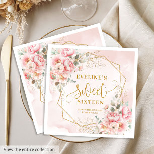 Glanzend Poeder Roze Gouden Bloemen Sweet Sixteen Servet