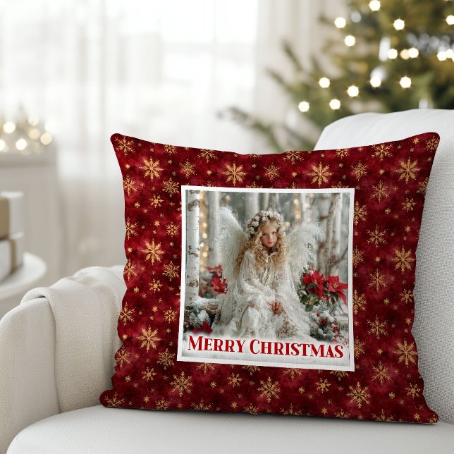 Glanzend Rode en Gouden Engel Vintage Kerstkussen Kussen (Shiny Red and Gold Angel Vintage Christmas Pillow)