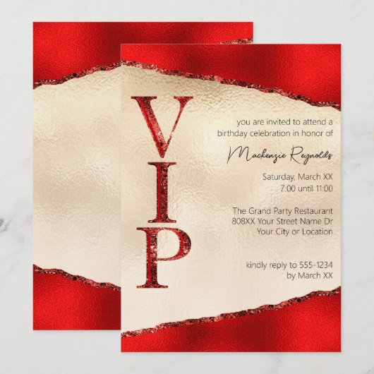 Glanzend rood en goud Glamoureus VIP Party Kaart (Voorkant / Achterkant)
