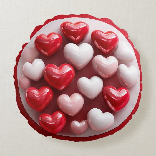 Glanzend Rood Wit Hart Romantisch Knus Decoratie Rond Kussen (Voorkant)