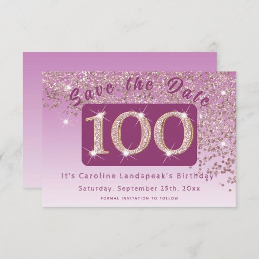 Glanzend Roos Gouden Glitter voor 100e Verjaardag Save The Date (Voorkant / Achterkant)