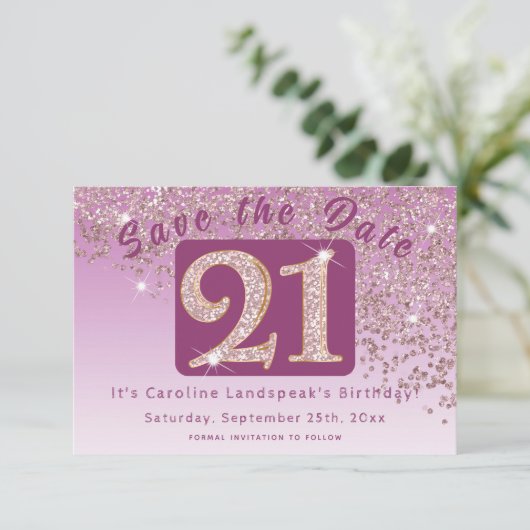 Glanzend Roos Gouden Glitter voor 21e Verjaardag Save The Date (Staand voorkant)