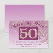 Glanzend Roos Gouden Glitter voor 50e Verjaardag Save The Date (Voorkant / Achterkant)