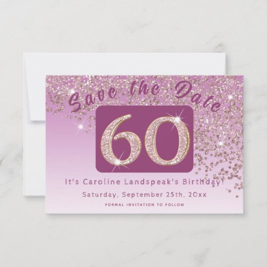 Glanzend Roos Gouden Glitter voor 60e Verjaardag Save The Date (Voorkant)