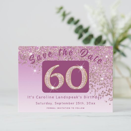 Glanzend Roos Gouden Glitter voor 60e Verjaardag Save The Date (Staand voorkant)