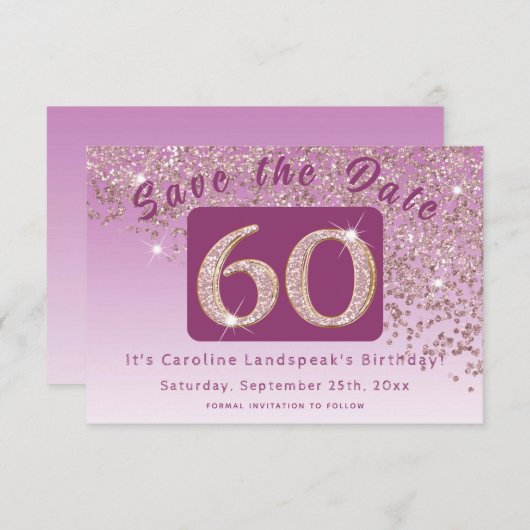 Glanzend Roos Gouden Glitter voor 60e Verjaardag Save The Date (Voorkant / Achterkant)